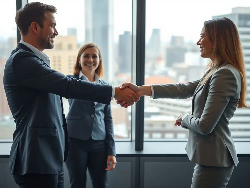 A professional businessman shaking hands with an international partner in a modern office setting, symbolizing successful international trade facilitation.